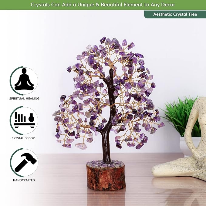 NARIBABU Amethyst Crystal Tree – 10-12 Inch Gemstone Tree with Golden Wire & Wooden Base – Spiritual Gift, Gifts for Her, Healing Crystals Decor, Birthday Gift for Women, Reiki Energy
