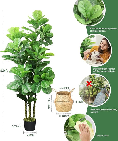 LOVMOR 6ft Artificial Tree Indoor with Woven Seagrass Plant Basket, Artificial Fiddle Leaf Fig Tree Fake Tree Faux Plant Indoor for Living Room Office Floor Home Decor (70 in)