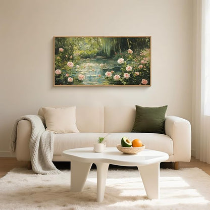 Watercolor Flower Tree Framed Canvas Wall Art Set,Natural White Pink Rose Wildflower Wall Decor,Vintage Dark Green Botanical Artwork for Living Room, Bedroom,Farmhouse-40 x20 x1