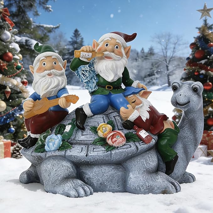 Upgraded Size Christmas Gnomes Outdoor Statue Three Gnomes Having Party on Turtle with 7 LED Solar Figurine for Garden Lawn,Patio,Yard Decor Unique for Grandfather, Father,Grandma,Wen