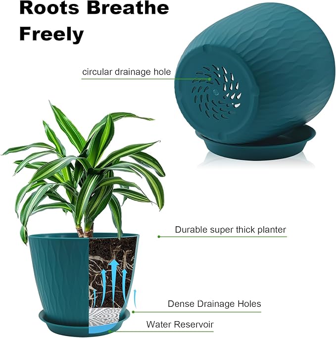 8/7/6 inch Plant Pots, 3 Pack Flower Pots for Outdoor Indoor Garden Plants, Large Planters with Multi Mesh Drainage Holes and Saucer (Black-Green, 8"+7"+6")