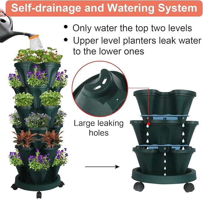 GameXcel Vertical Planter 6 Tier Stackable Planters Garden Planters Strawberry Herb Flower and Vegetable Planter Indoor Outdoor Gardening Pots with Removable Wheels and Tools 2-Pack