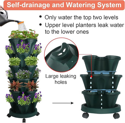 GameXcel Vertical Planter 6 Tier Stackable Planters Garden Planters Strawberry Herb Flower and Vegetable Planter Indoor Outdoor Gardening Pots with Removable Wheels and Tools 2-Pack