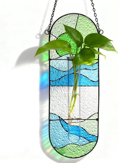 Stained Glass Plant Propagation Stations - Handmade Sunshine Catcher Hydroponic Planter Window Hanging with Glass Tubes, Christmas Terrarium Decor Gifts for Women Mom Plant Lovers, Green
