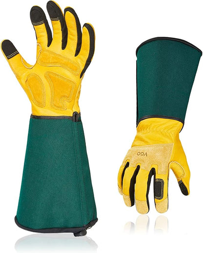 Vgo... Men's Extra-Long Leather Gardening Gloves, Gauntlet with Adjustable Cuff, Puncture & Thorn Proof, Touchscreen (CA7472)