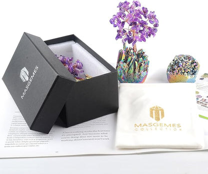 Natural Amethyst Crystal Tree of Life with Quartz Cluster Rainbow Titanium Crystal Base,Chakra Energy Healing Feng Shui Bonsai Money Tree Spritual Gift for Wealth and Luck