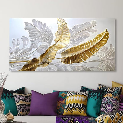 Gold Silver Leaf Canvas Wall Art Golden Silver Palm Leaves Art Painting Abstract Leaf Landscape Painting Textured Modern Aesthetic Nature-Inspired Metallic Leaf Picture Artwork for Living Room, Bedroom & Office, Ready to Hang (16x32 Inches)