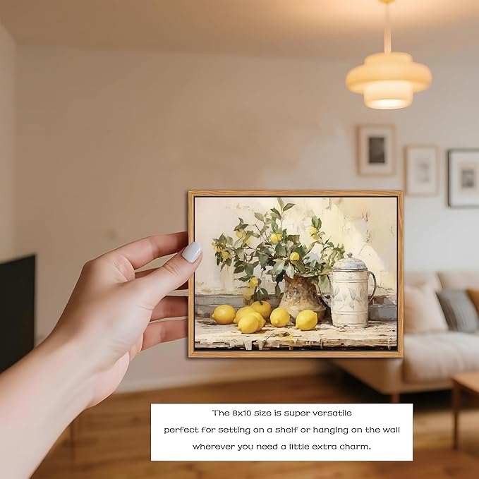 Floating Framed Vintage Kitchen Wall Art, Yellow Lemon Still Life Wall Decor Oil Paintings, Rustic Farmhouse Artwork Canvas Posters Prints Pictures for Living Room Bedroom Home Decor 8x10 Inch