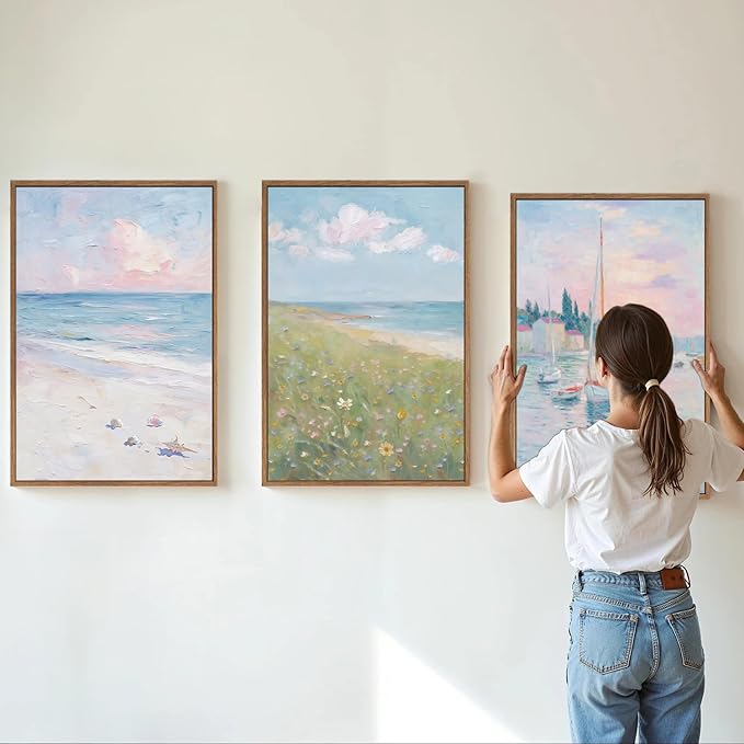 Rantodecor Impressionist Framed Canvas Wall Art, Blue and White Pink Beach Wall Decor, Pastel Preppy Sailboat Posters Art Prints, Coastal Beach House Artwork for Bedroom Living Room Office 16"x24"x3
