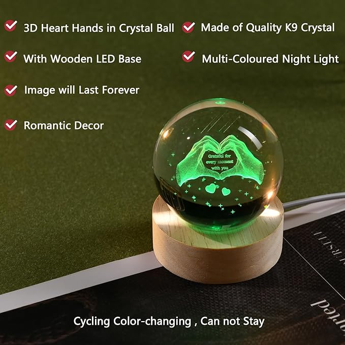 IFOLAINA 3D Heart Crystal Ball for Women Mom Wife Friends Christmas Glass Heart Hands Shaped Decor 2.36" Decorative Glass Sphere Lamp - Grateful for Every Moment with You