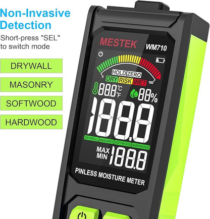 MESTEK Pinless Wood Moisture Meter - Digital Moisture Detector for Lumber Drywall Firewood Masonry Woodworking Plaster Floor Concrete Building, Moisture Reader and Tester with LCD Display & Audible