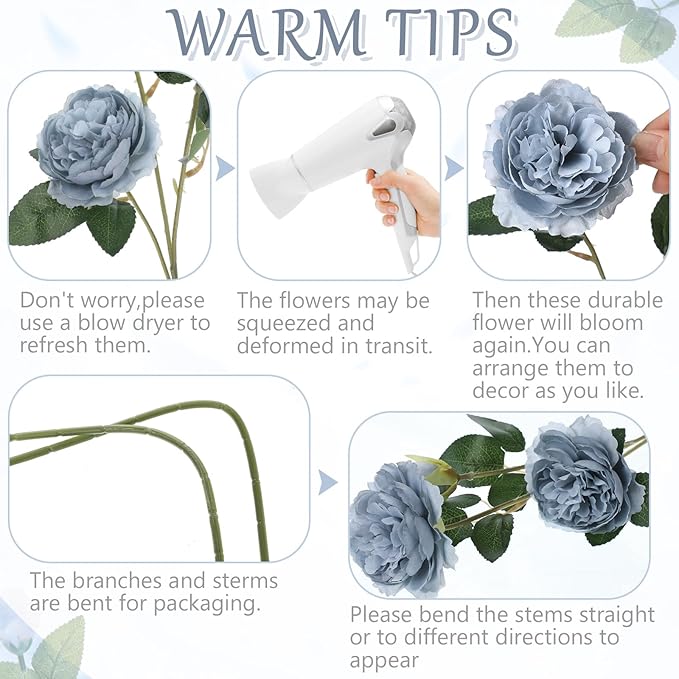 36 Bundles Artificial Flowers Peonies Roses Fake Bouquet for Wedding Bridal Shower Valentine's Day Decorations Fake Floral Arrangements Table Centerpieces Home Decor(Dusty Blue)