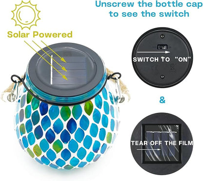 2 Pack Mosaic Blue Solar Lanterns, Outdoor Glass Hanging Lights, Waterproof, Solar Table Lamps, Christmas Gifts for Women Mom Grandma, Night Lights, Decoration for Garden, Patio, Yard, Outdoor Decor