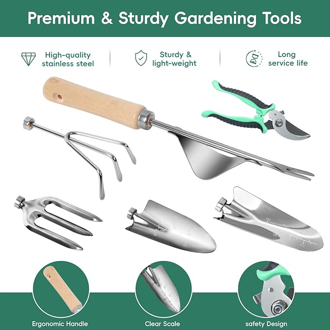 Gardening Tool Set, Heavy Duty Garden Tool Set with Fashion Garden Bag, Durable Stainless Steel Gardening Hand Tools, Gardening Gifts for Women, Mom