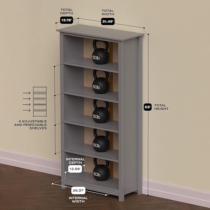 From the Tree Furniture Solid Pine Wood Bookcase – Tall Bookshelf with 4 Adjustable Shelves for Home, Office & Kids Room