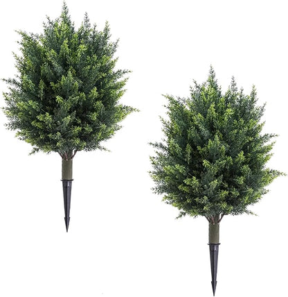 23 Inch Artificial Cedar Topiary Balls Tree, UV Resistant Faux Boxwood Trees with Ground Spike, Perfect for Indoor & Outdoor Garden, Porch, Front Door, and Home Décor, Set of 2