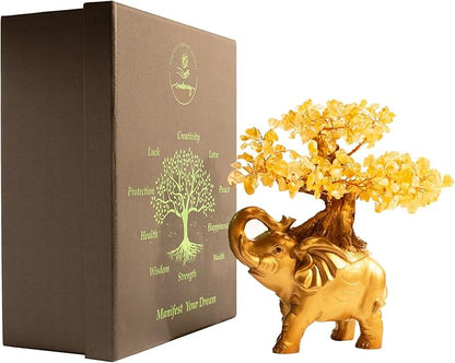Citrine Crystal Money Tree on Gold Mini Elephant Statue, 10”Gemstone Bonsai Tree of Life Home Décor Gifts for Wealth Positive Energy, Feng Shui Décor