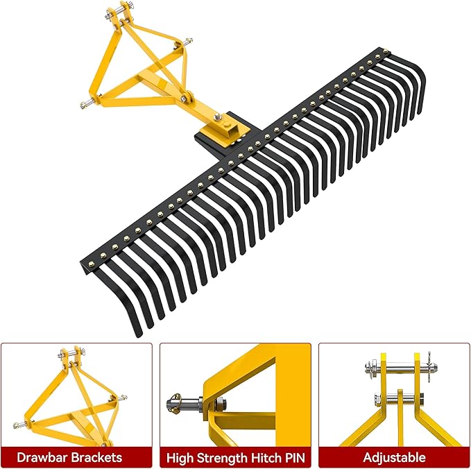 YITAMOTOR 3 Point Landscape Rock Rake for Category 1, 5 FT Attach Tractor Rake with 360 Degree Rotation, Tow-Behind Lawn Garden Tool Attachment for Compact Tractors