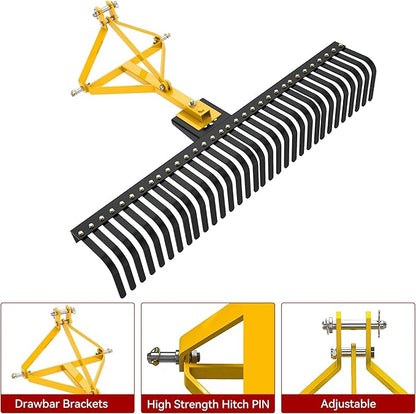 YITAMOTOR 3 Point Landscape Rock Rake for Category 1, 5 FT Attach Tractor Rake with 360 Degree Rotation, Tow-Behind Lawn Garden Tool Attachment for Compact Tractors