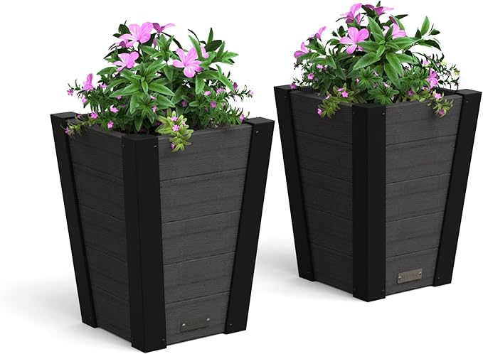 Mayne Vista 18in Outdoor Planter 2-Pack- Modern Tall Tapered Design with Drainage Hole for All Season Use - Ideal Front Porch Decor & Patio Planter - Easy Assembly