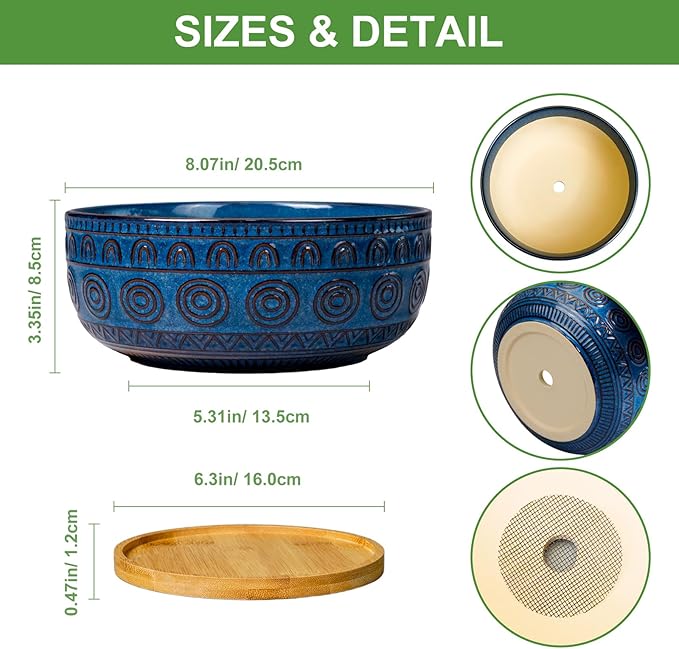 Bonsai Pots 8 Inch - Ceramic Succulent Pots for Indoor Plants, Shallow Round Planters with Drainage Hole and Saucer, Boho Bonsai Bowl, Home Decor, Blue