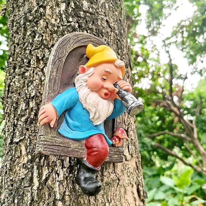 Gnome Open The Door Garden Decor Resin Tree Faces Decor Outdoor Fairy Garden Patio Lawn Porch (Blue Telescope)