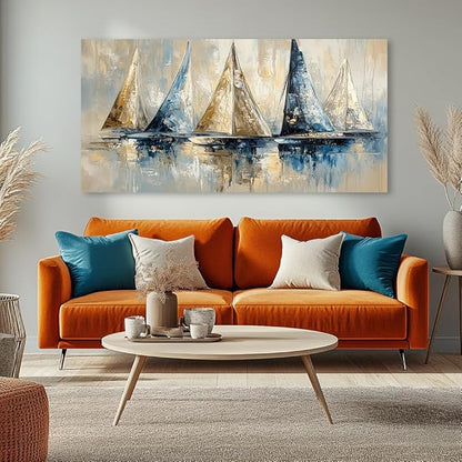 Blue Wall Art Sailboat Canvas Painting Ocean Sailboat Prints Sailing Ship Canvas Artwork Modern Coastal Blue Abstract Wall Art for Living Room Bedroom Office Boys Bedroom Wall Décor Ready to Hang (30x60 Inches)