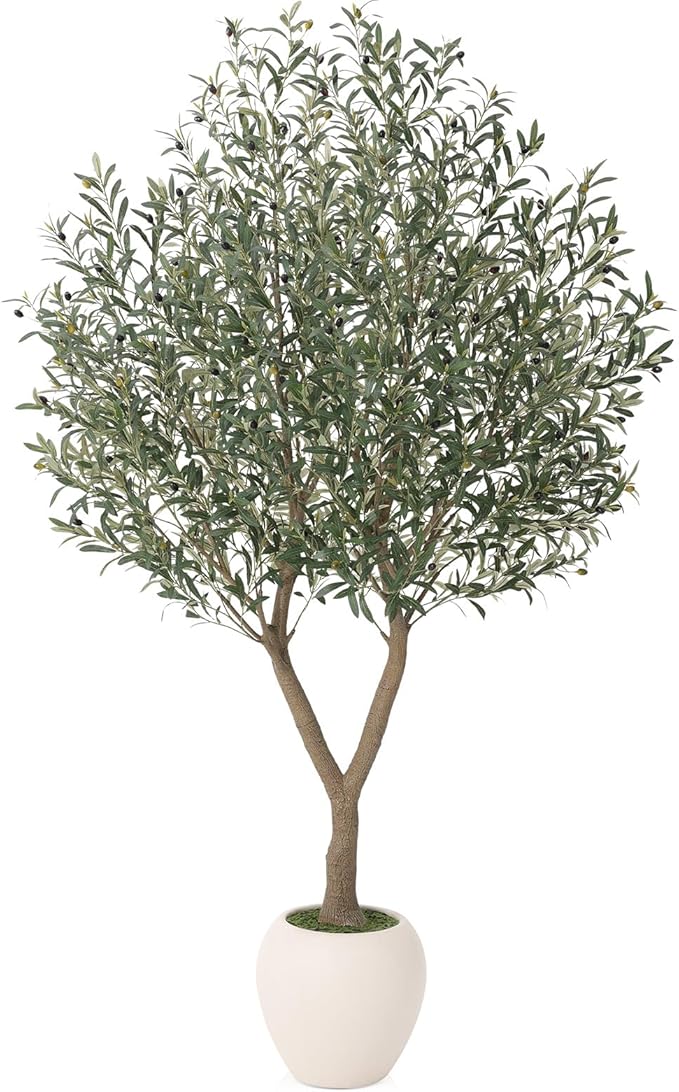 8FT Artificial Olive Tree - Realistic Tall Fake Plants with UV Resistant Leaves & Fruits,Faux Tree with Round White Pot,Perfect for Living Room,Office,Indoor/Outdoor Home House Decor,VN163