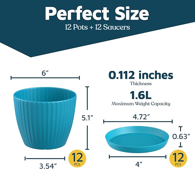 Blue 6-Inch Plant Pots with Drainage & Saucers 12 Pack, Indoor & Outdoor Planters for Houseplants, Herbs, and Flowers, Durable & Weatherproof Material, Stackable, Lightweight, Minimalist Design
