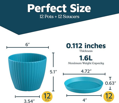 Blue 6-Inch Plant Pots with Drainage & Saucers 12 Pack, Indoor & Outdoor Planters for Houseplants, Herbs, and Flowers, Durable & Weatherproof Material, Stackable, Lightweight, Minimalist Design