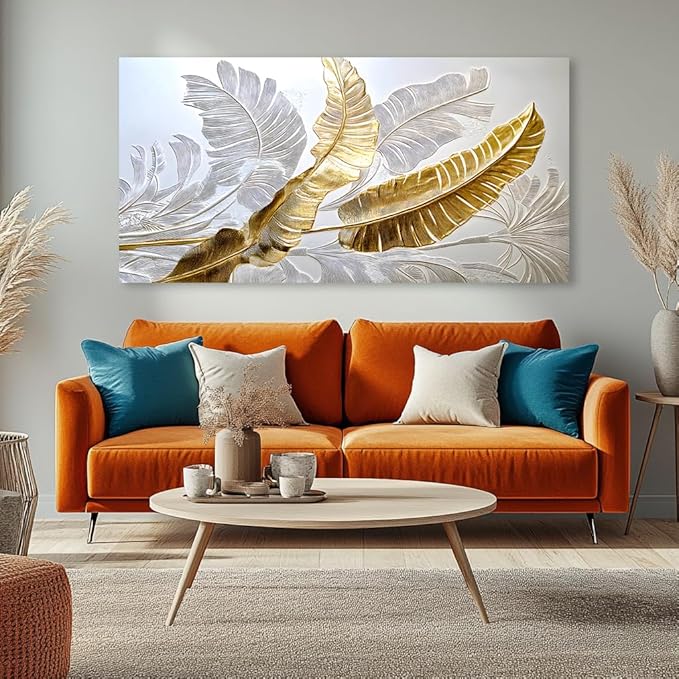 Gold Silver Leaf Canvas Wall Art Golden Silver Palm Leaves Art Painting Abstract Leaf Landscape Painting Textured Modern Aesthetic Nature-Inspired Metallic Leaf Picture Artwork for Living Room, Bedroom & Office, Ready to Hang (24x48 Inches)