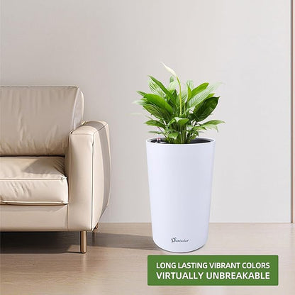 Dexceder 16x12 Tall Self Watering Planter High Cylinder Indoor Outdoor, Thickened Large Floor Standing Flower Plant Pot with Water Level Indicator (White Matte)