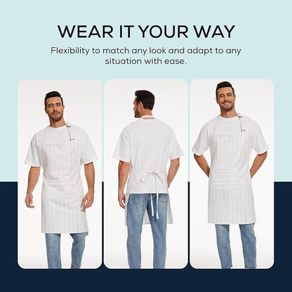 Will Well Kitchen Apron for Men and Women - 33" x 27" Oil-and-Water-Resistant with Adjustable Neck Strap and 38" Waist Ties for a Snug Fit, Lightweight with 2 Front Pockets - 6-Pack, White Stripe