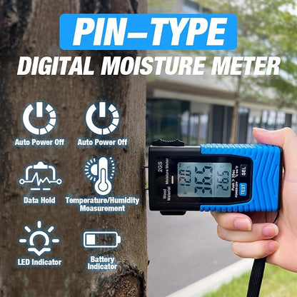 Digital Wood Moisture Meter, HOLDPEAK Pin Type Water Leak Detector Handheld Humidity Tester with LED Indicators, Temperature Measurement, Data Record, Moisture Tester for Firewood, Flooring, Drywall