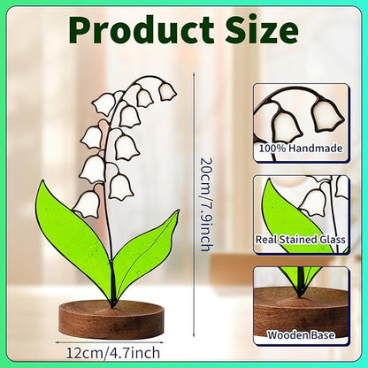 Lily of Valley Stained Glass Decor, Handmade Real Stained Glass Lily of Valley Flower Suncatchers with Walnut Wood Base, Cute Desk Windowsill Decor Plant Gifts for Women,Mom,Plant Lovers (White)