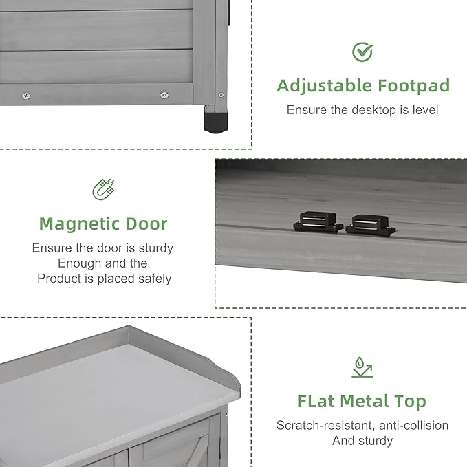 Potting Bench with Storage Cabinet and Metal Table Top for Outdoor Patio, Garden Furniture Wood Workstation (Classsic Grey, 31.5x17x39)