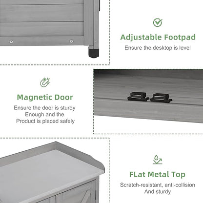 Potting Bench with Storage Cabinet and Metal Table Top for Outdoor Patio, Garden Furniture Wood Workstation (Classsic Grey, 31.5x17x39)