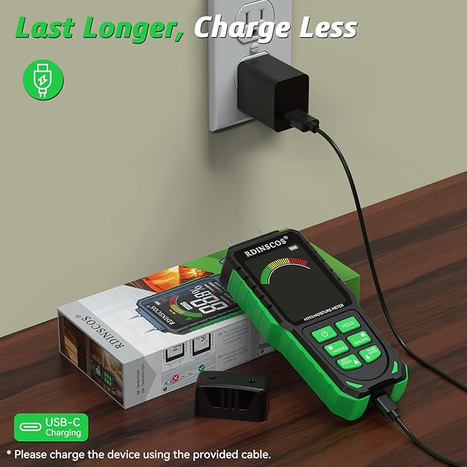 Rechargeable Moisture Meter for Wood, Drywall & Flooring – Pin-Type Moisture Detector with Replaceable Pins, Hold Function & Custom Wood Settings