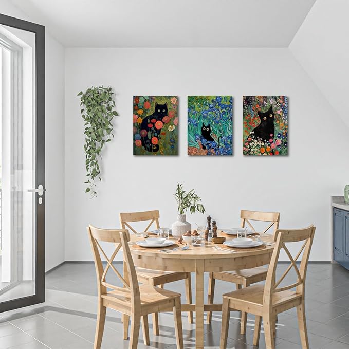 3 PCs Garden Cat Wall Decor Canvas Wall Art Framed Art Cat Posters, Cat Decor for Cat Lovers, Cat Lover Gifts, Aesthetic Artwork for Walls Living Room Bathroom Dining Room Bedroom Home Office Decor