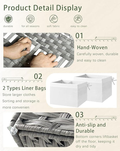 Storage Basket with Lid Rattan, Woven Storage Baskets with 2 Separate Lids, 17.2 Gallon (65 L), 22.2 x 13 x 13.8 Inches, Foldable, 2 Removable Liner Bags Handles for Bedroom, Laundry Room Gray