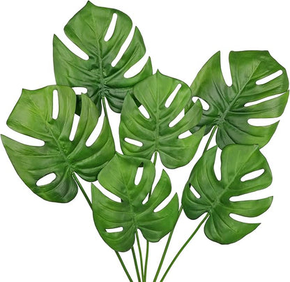 Hollyone 6 Pack Artificial Monstera Leaves with Stems Real Touch Faux Monstera Turtle Safari Leaf Fake Palm Tropical Plants for Vase Hawaiian Luau Party Jungle Beach Table Home Wedding Kitchen Decor