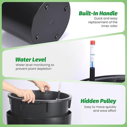 Tall Round Planter Set of 2, 19.5‘’ H x 19.9" Dia Large Planters for Indoor Plants with Built-in Drainage and a Water Level Monitor and Wheels for Patio, Porch, Living Room, or Home Office, Black