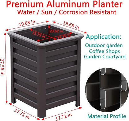 Aluminum Outdoor Planter - 19.68" Tall Planter Box for Patio Porch Indoor or Outdoor Durable Weather-Resistant Large Planters for Flowers with Drainage Hole, Dark Brown, 19.68"D x 19.68"W x 27.56"H