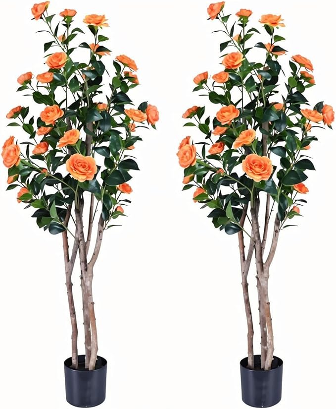 2pc 5ft Decorative Artificial Camellia Tree with Orange Flowers, Potted Faux Floral Plant, Realistic Blooming Fake Plants for Indoor Outdoor Home Front Door Planter Decor