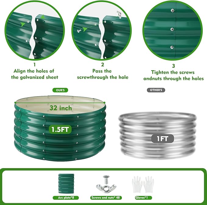 17" Tall Round Outdoor Garden Raised Garden Bed Kits-0.8MM Thick Metal Raised Planter Bed/Ground Planter Box for Variety of Flowers,Herbs,Vegetables,Trees (Dark Green, 32 Dia X 16.5 inches)