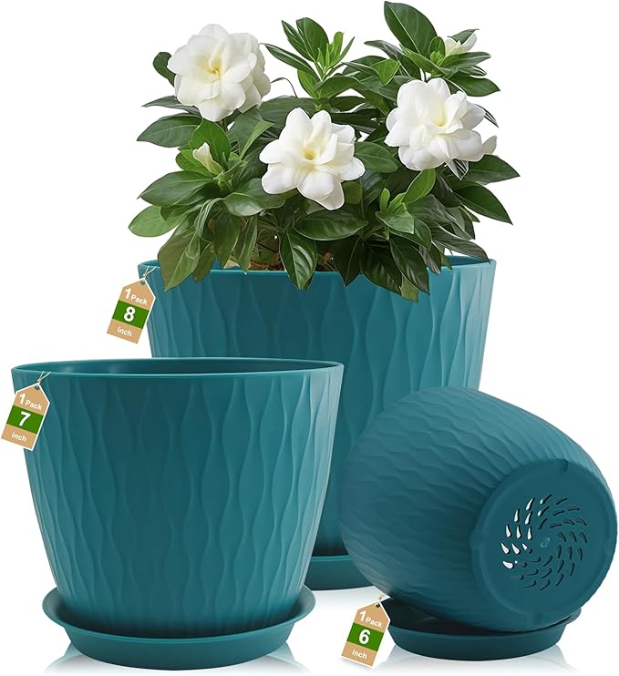 8/7/6 inch Plant Pots, 3 Pack Flower Pots for Outdoor Indoor Garden Plants, Large Planters with Multi Mesh Drainage Holes and Saucer (Black-Green, 8"+7"+6")