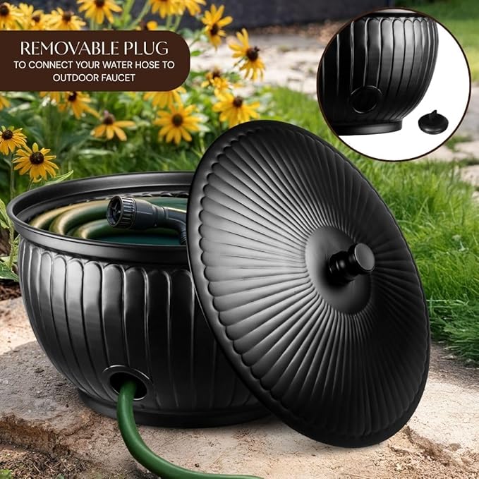 Monarch Abode Garden Hose Holder with Lid – Decorative Water Hose Holders for Outside, Arch Embossed Metal Matte Black Pot with Drainage, 100ft Waterhose Holder for Outside, Garden Storage Caddy