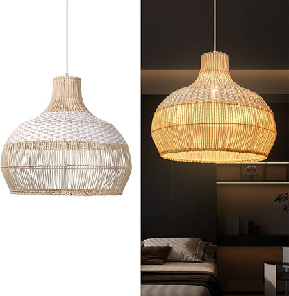 Arturesthome 1 Light White Rattan Pendant Light, Wicker Hanging Ceiling Light Chandelier, Handmade Woven Lampshade for Kitchen Island