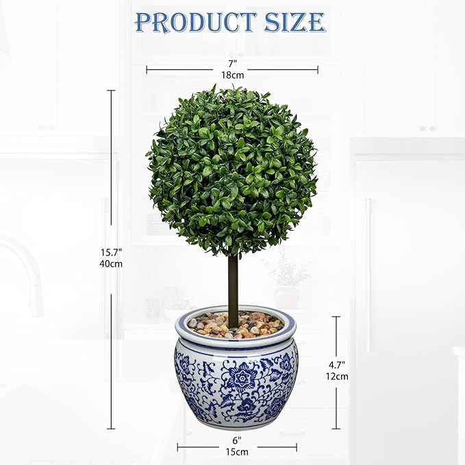 DILATATA Artificial Topiary Boxwood Ball in Blue and White Ceramic Pot, 16 Inch Artificial Boxwood in Planters Decorative Fake Greenery for Table Centerpiece Indoor Plant Home Decor