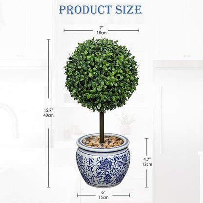 DILATATA Artificial Topiary Boxwood Ball in Blue and White Ceramic Pot, 16 Inch Artificial Boxwood in Planters Decorative Fake Greenery for Table Centerpiece Indoor Plant Home Decor